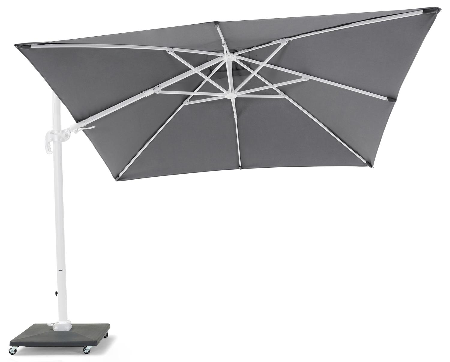 Avola zweefparasol met tiltfunctie in wit aluminium met grijs weather+ softtouch parasoldoek - L1 300 x L2 300 cm (met voet)