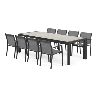 Madura tuinset in zwart aluminium en grijs keramische tegels tafelblad met 8 stapelbare Bareto tuinstoelen