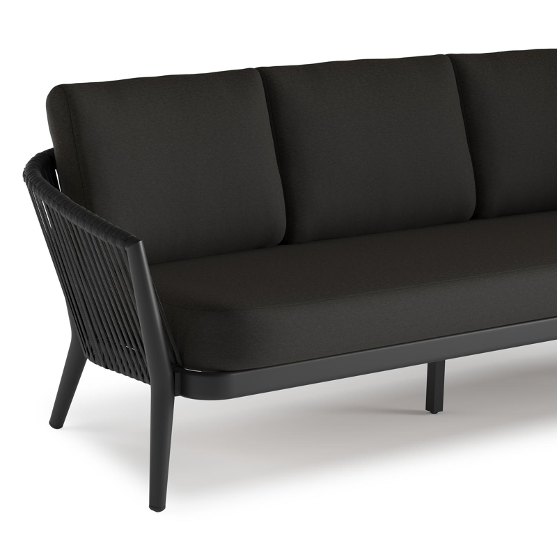 Orso loungebank in zwart aluminium en zwart verticaal geweven luxe vlakke rope met Heritage Char all weather sunbrella® luxe kussen