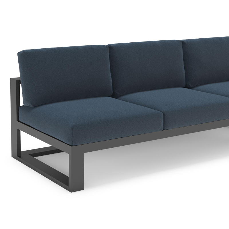 Verato loungehoek in zwart aluminium met heritage indigo all weather sunbrella® luxe kussen