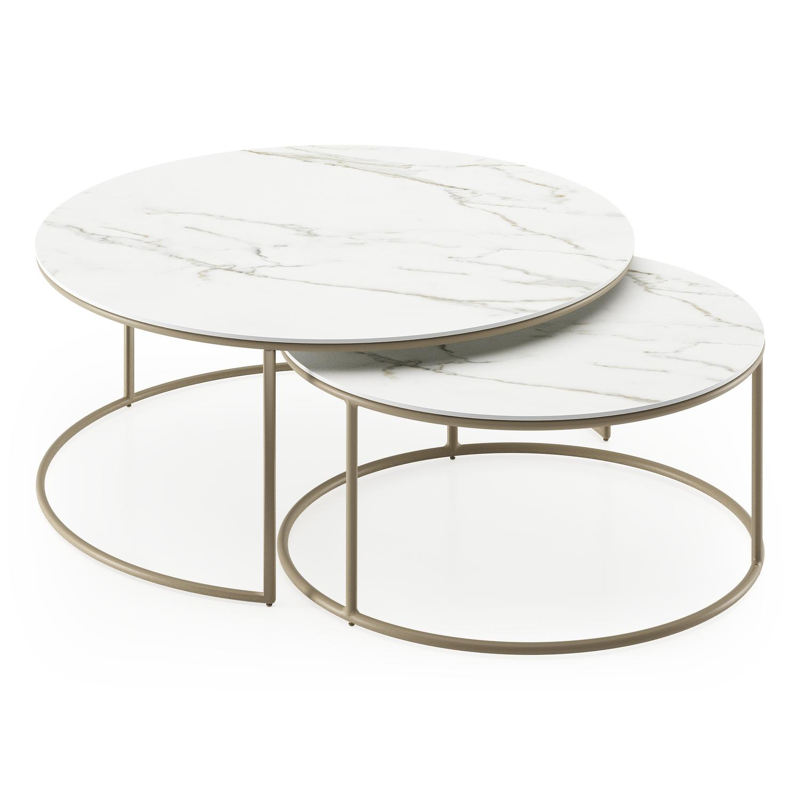 Fano set van 2 loungetafels rond in beige aluminium en volkeramiek Calacatta - Dia. 85 x H 35 cm
