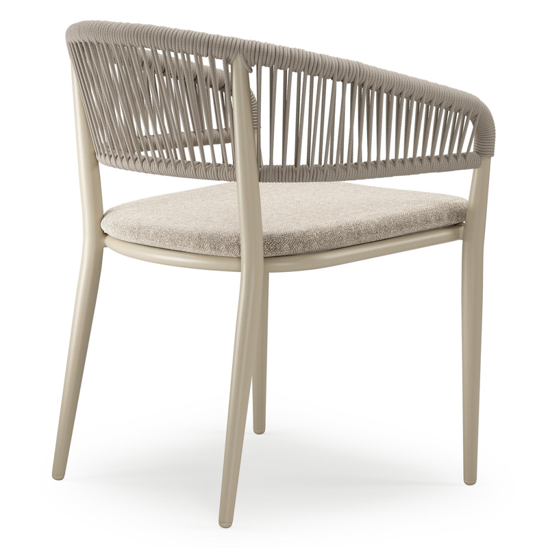 Tolfa stapelbare tuinstoel in beige aluminium en beige verticaal geweven ronde rope met stoelkussen in All Weather Sunbrella® Luxe Chartres Pewter