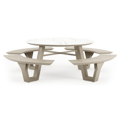 Rondino picknicktafel rond in beige aluminium en volkeramiek Calacatta - Dia. 148 x H 71.5 cm