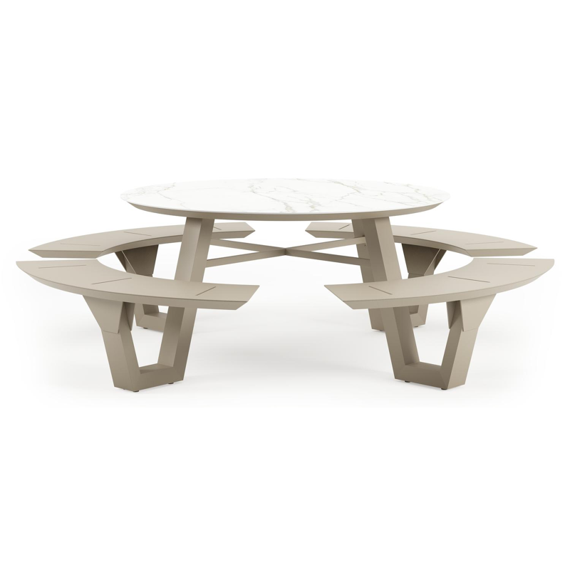 Rondino picknicktafel rond in beige aluminium en volkeramiek Calacatta - Dia. 148 x H 71.5 cm