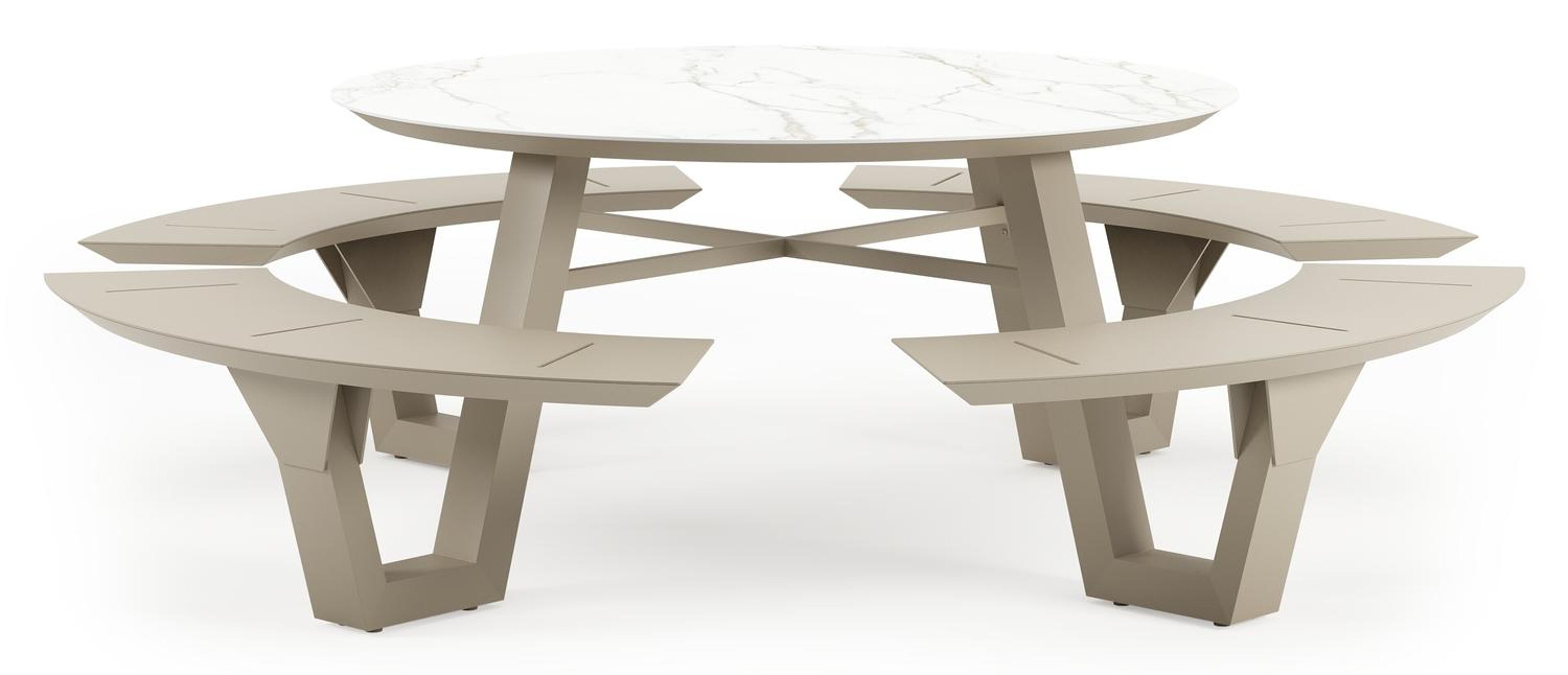 Rondino picknicktafel rond in beige aluminium en volkeramiek Calacatta - Dia. 236 x - Dia. 236 x H 72 cm