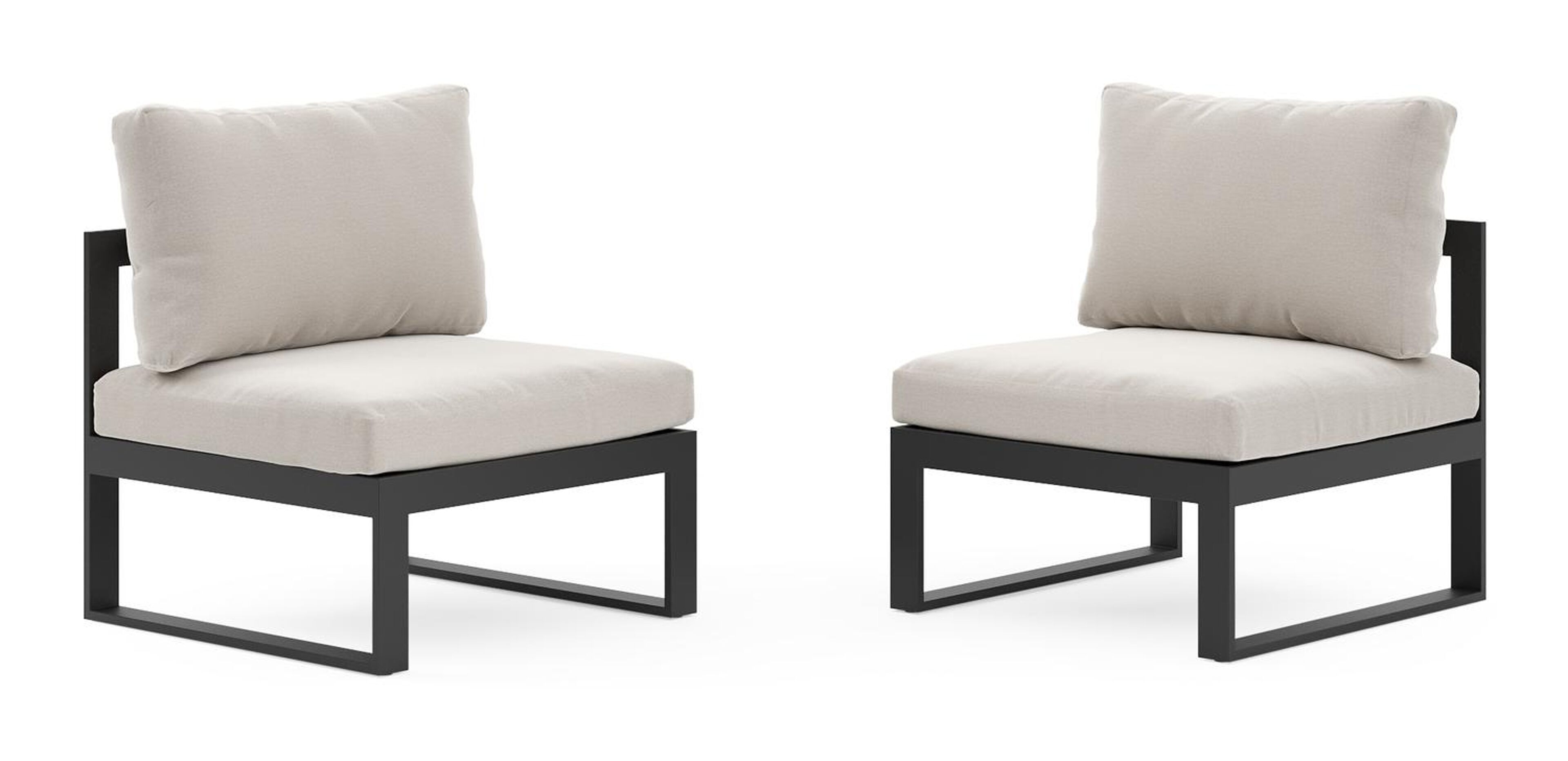Set van 2 Caldela loungestoelen in zwart aluminium met beige weather+ softtouch kussens
