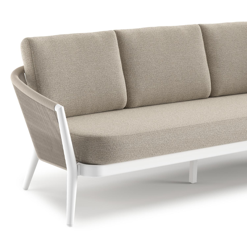 Salon de jardin Orso en aluminium blanc en corde ronde tissée verticalement beige et coussins en all weather cosytica Catania Greige
