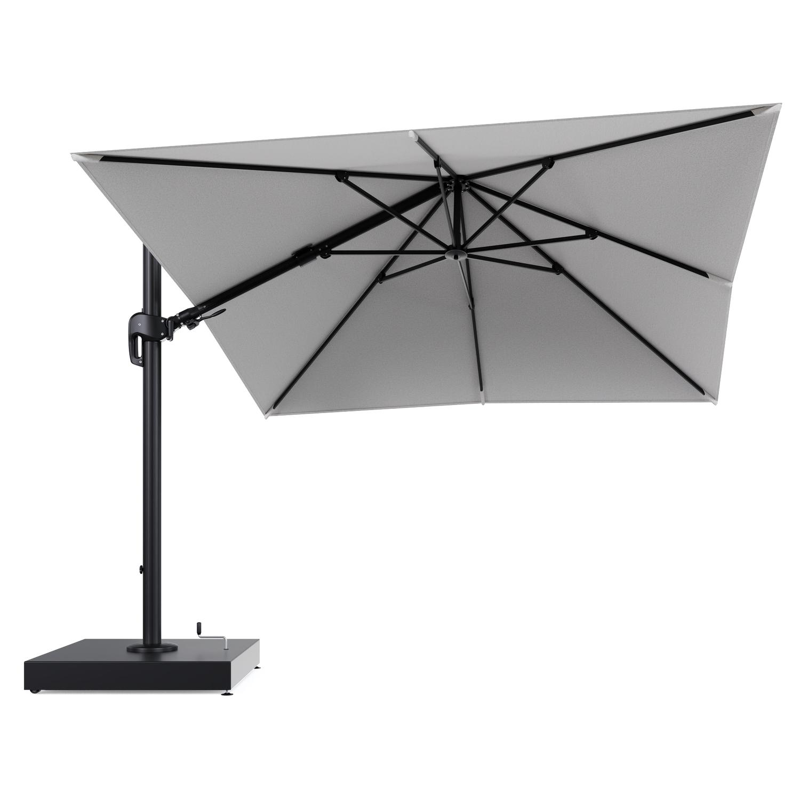 Rufina zweefparasol met tiltfunctie in zwart aluminium en Ego Birch All Weather Solica parasoldoek - L1 300 x L2 300 cm met parasolvoet Minore 260 kg met wielen