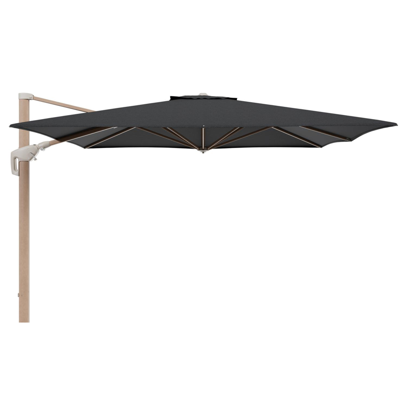Parasol pendant Minore avec fonction tilt en aluminium aspect de bois et toile de parasol All Weather Sunbrella® Luxe Chartres Sooty - Lg.1: 350 x Lg.2: 350 cm (sans pied de parasol