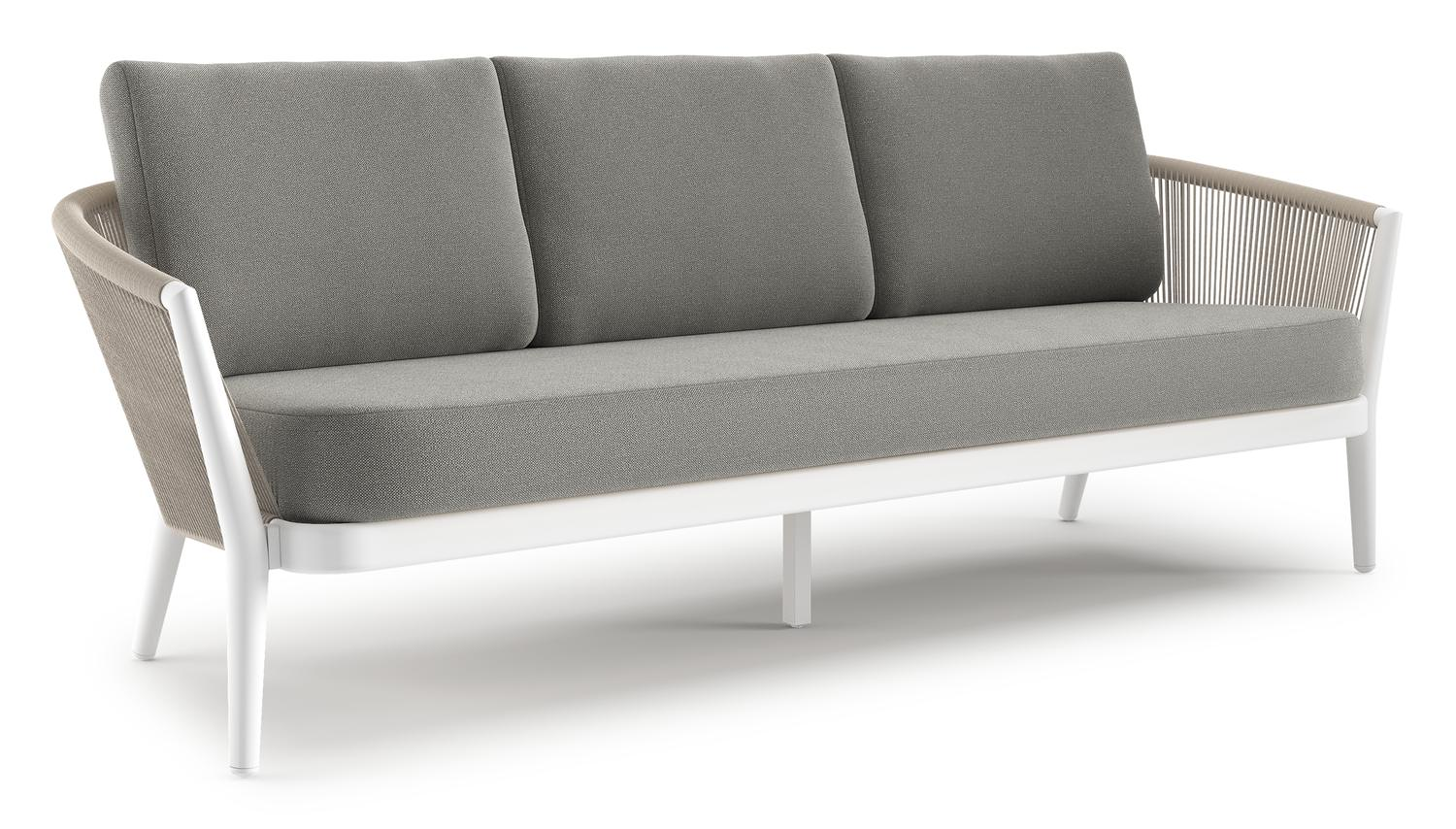 Canapé de jardin Orso en aluminium blanc en corde ronde tissée verticalement beige et coussins en all weather sunbrella® luxe Savane Zinc