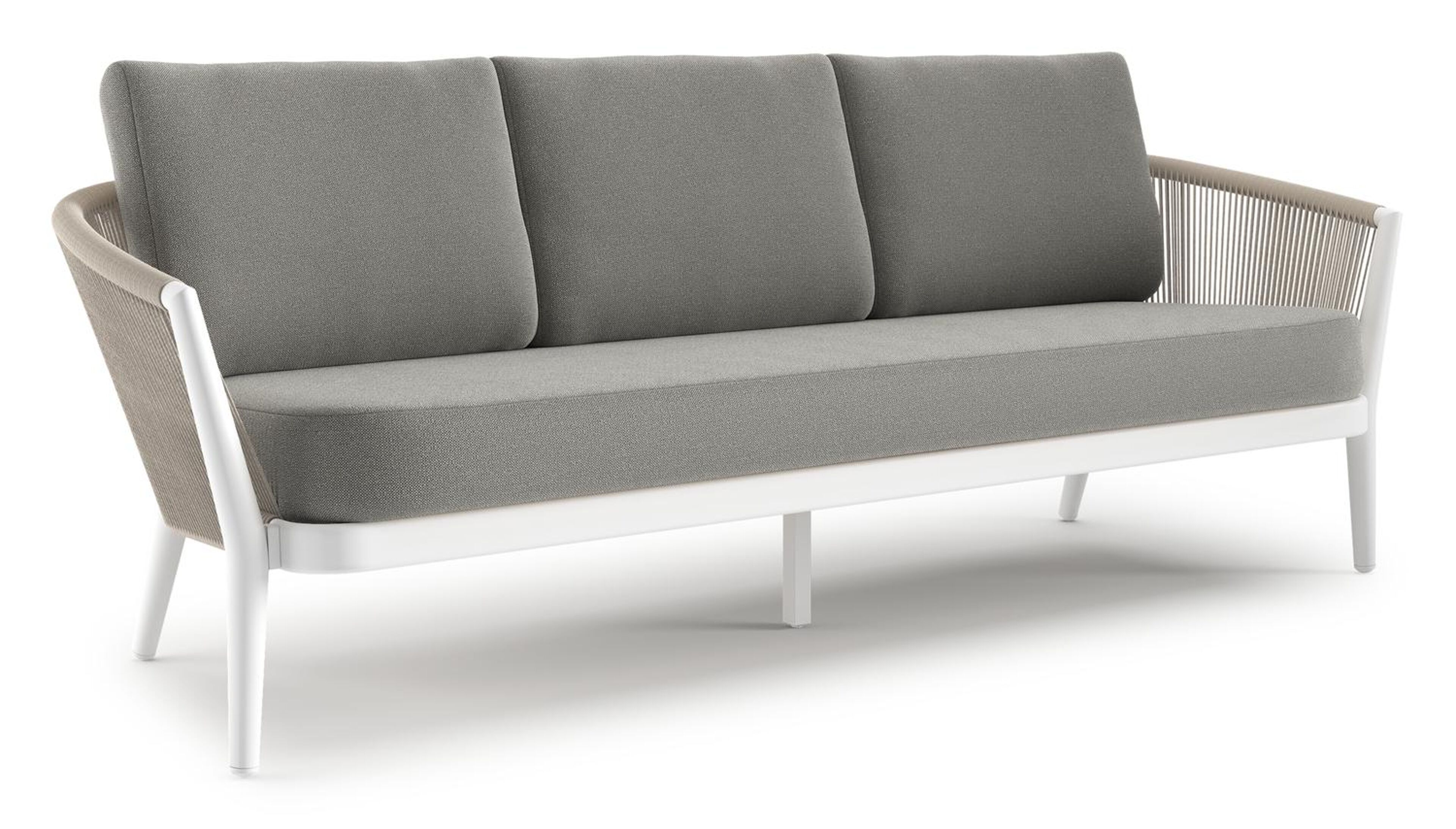 Canapé de jardin Orso en aluminium blanc en corde ronde tissée verticalement beige et coussins en all weather sunbrella® luxe Savane Zinc