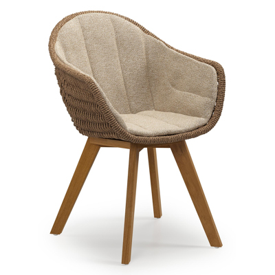 Pagino tuinstoel in teak en bruin ronde wicker met zitkussen in All Weather Cosytica Madagascar Oak