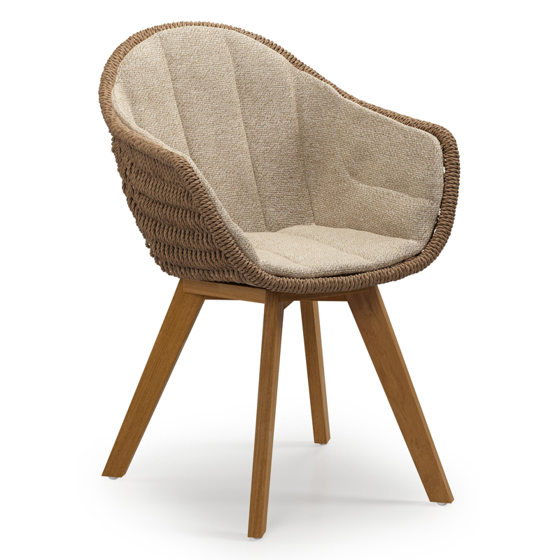 Pagino tuinstoel in teak en bruin ronde wicker met zitkussen in All Weather Cosytica Madagascar Oak