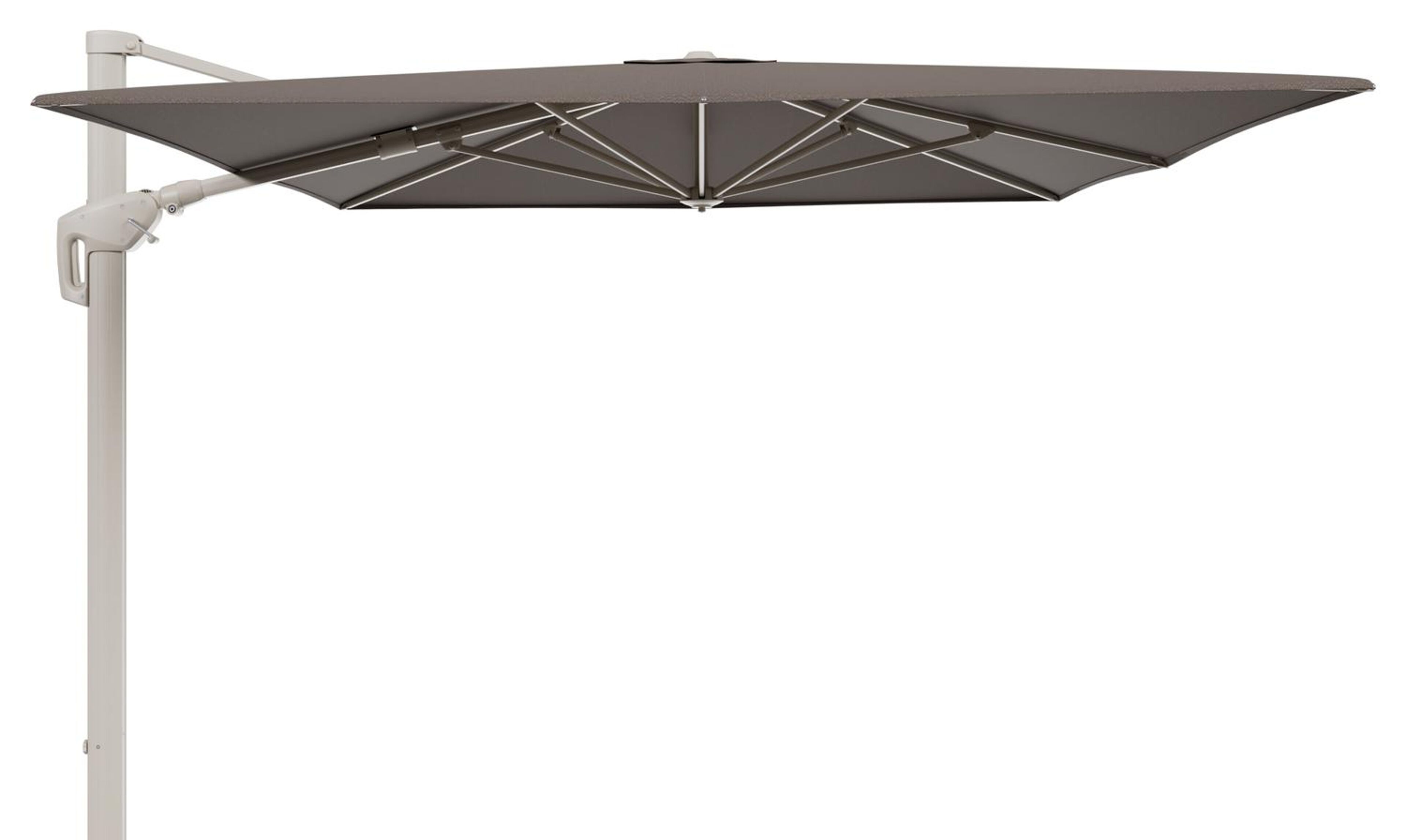 Minore zweefparasol met tiltfunctie in beige aluminium en Lopi Coconut All Weather Sunbrella® Luxe parasoldoek - L1: 400 x L2: 300 cm (zonder voet)