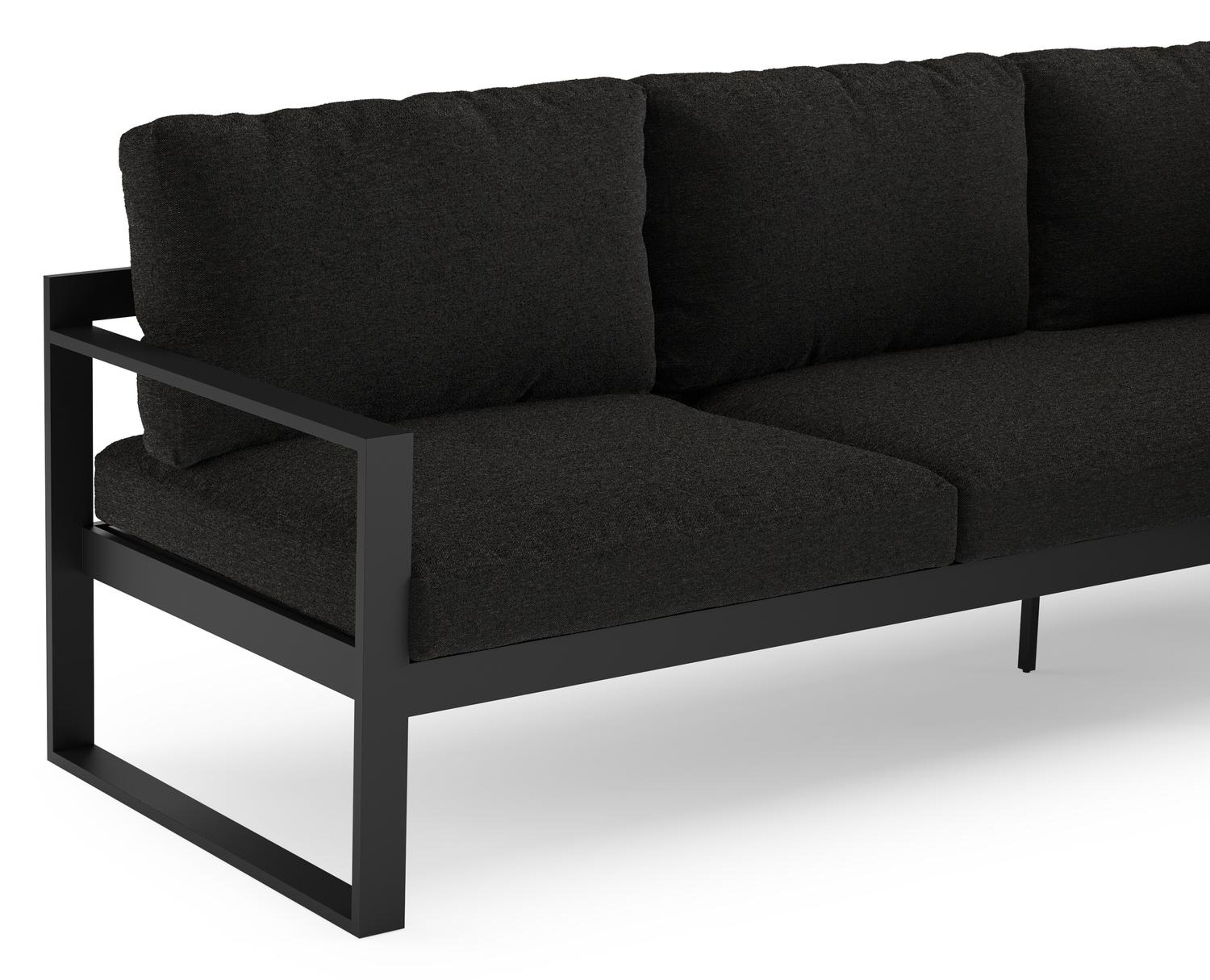 Salon de jardin d'angle Caldela en aluminium noir et coussins en weather+ softtouch noir