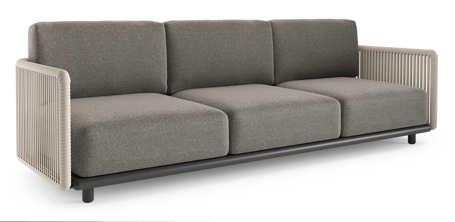 Organo loungebank in zwart aluminium en beige verticaal geweven luxe vlakke rope met chartres drizzle all weather Sunbrella® luxe kussen