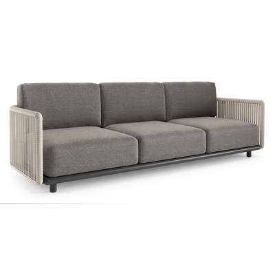 Canapé de jardin Organo en aluminium noir et corde luxe plate tissée verticalement beige et coussin en all weather Sunbrella® luxe chartres drizzle