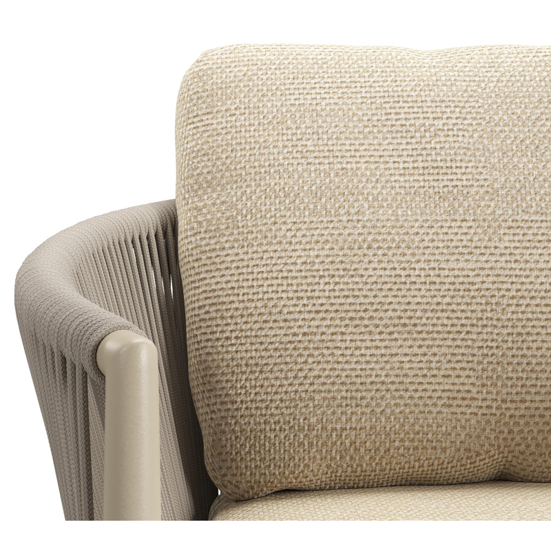 Organo tuinstoel in zwart aluminium en beige verticaal geweven ronde rope met stoelkussen in All Weather Cosytica Althea Camel