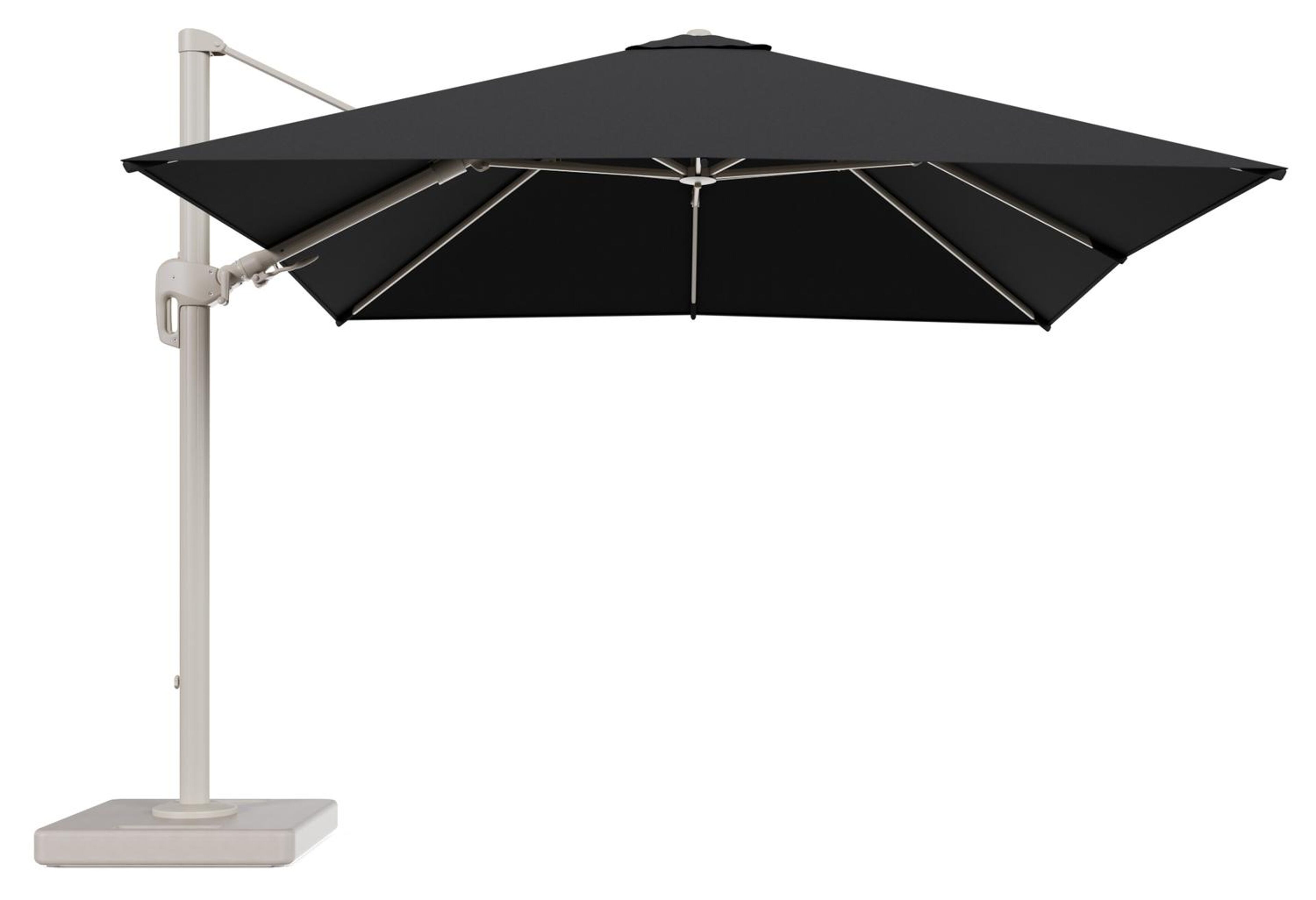 Rufina zweefparasol tiltfunctie in beige aluminium en parasoldoek in All Weather Sunbrella® Luxe Natte Sooty - L1 300 x L2 300 cm met parasolvoet Lapido 160 kg