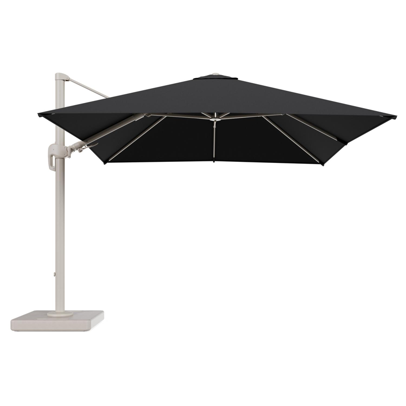 Rufina zweefparasol tiltfunctie in beige aluminium en parasoldoek in All Weather Sunbrella® Luxe Natte Sooty - L1 300 x L2 300 cm met parasolvoet Lapido 160 kg