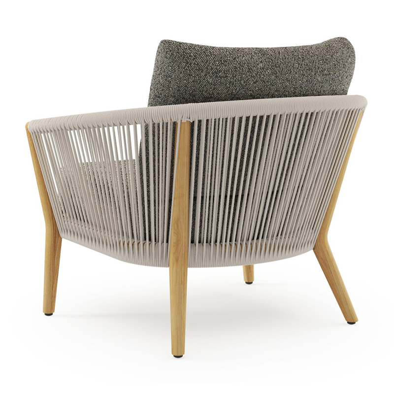 Fauteuil de jardin Orso en tecken corde ronde tissée verticalement beige et coussins en all weather cosytica Marbella Tunder