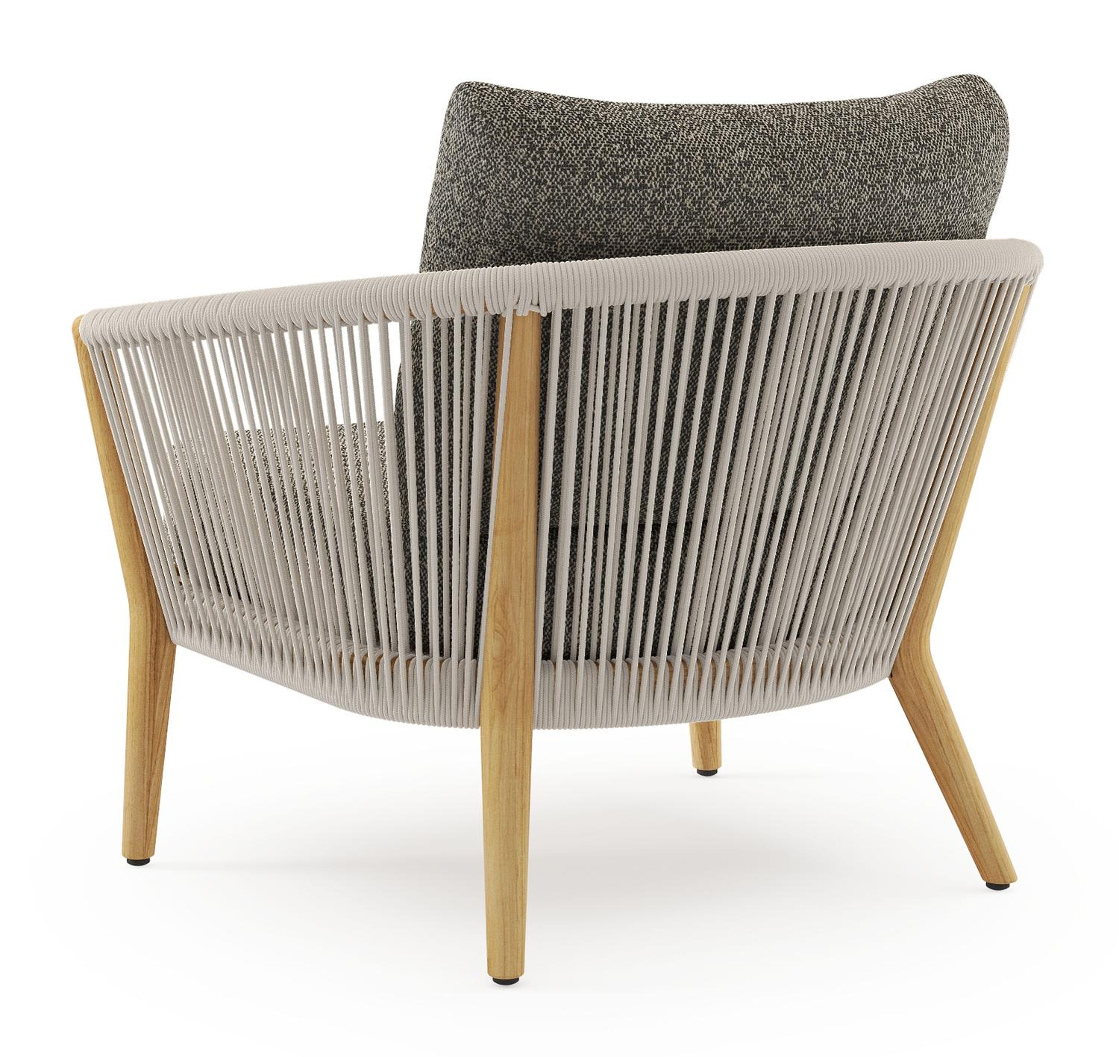 Orso loungestoel in teak en beige verticaal geweven ronde rope met Marbella Tunder all weather cosytica kussen