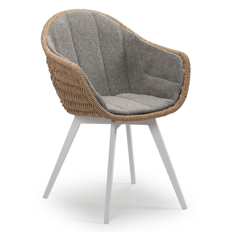 Pagino tuinstoel in wit aluminium en naturel ronde wicker met zitkussen in All Weather Sunbrella® Luxe Chartres Drizzle