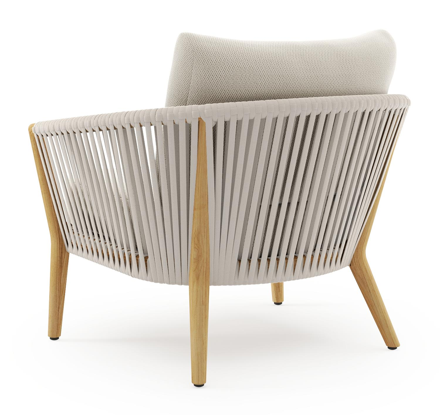 Orso loungestoel in teak en beige verticaal geweven luxe vlakke rope met Lopi Marble all weather sunbrella® luxe kussen