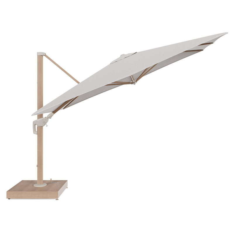 Minore zweefparasol met tiltfunctie in houtlook aluminium en Tundra Sand All Weather Sunbrella® Luxe parasoldoek - L1 280 x L2 370 cm met parasolvoet Minore 260 kg met wielen