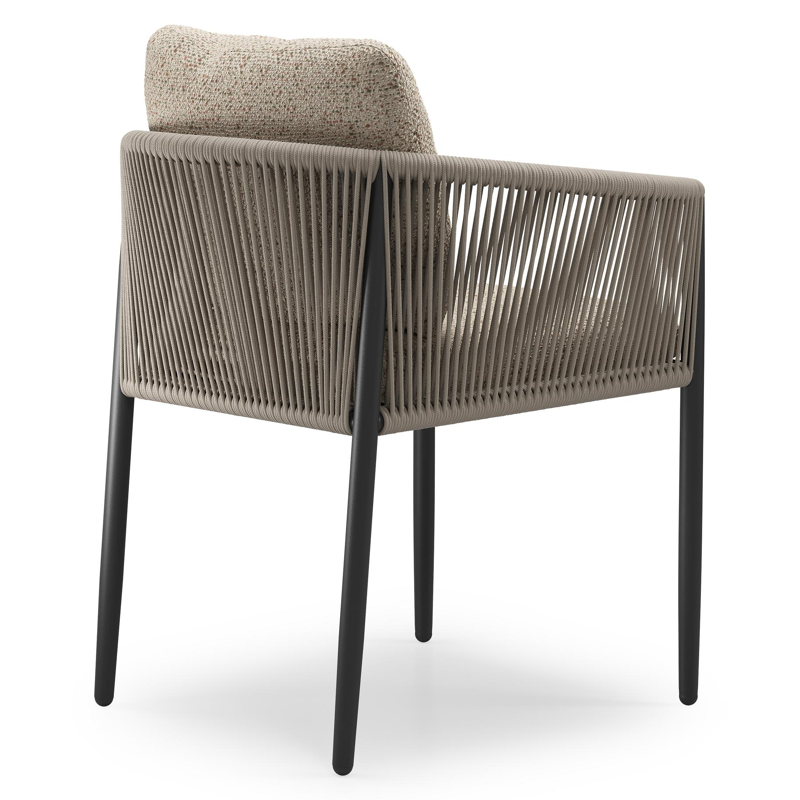 Organo tuinstoel in zwart aluminium en zwart verticaal geweven ronde rope met stoelkussen in All Weather Cosytica Bora Jungle