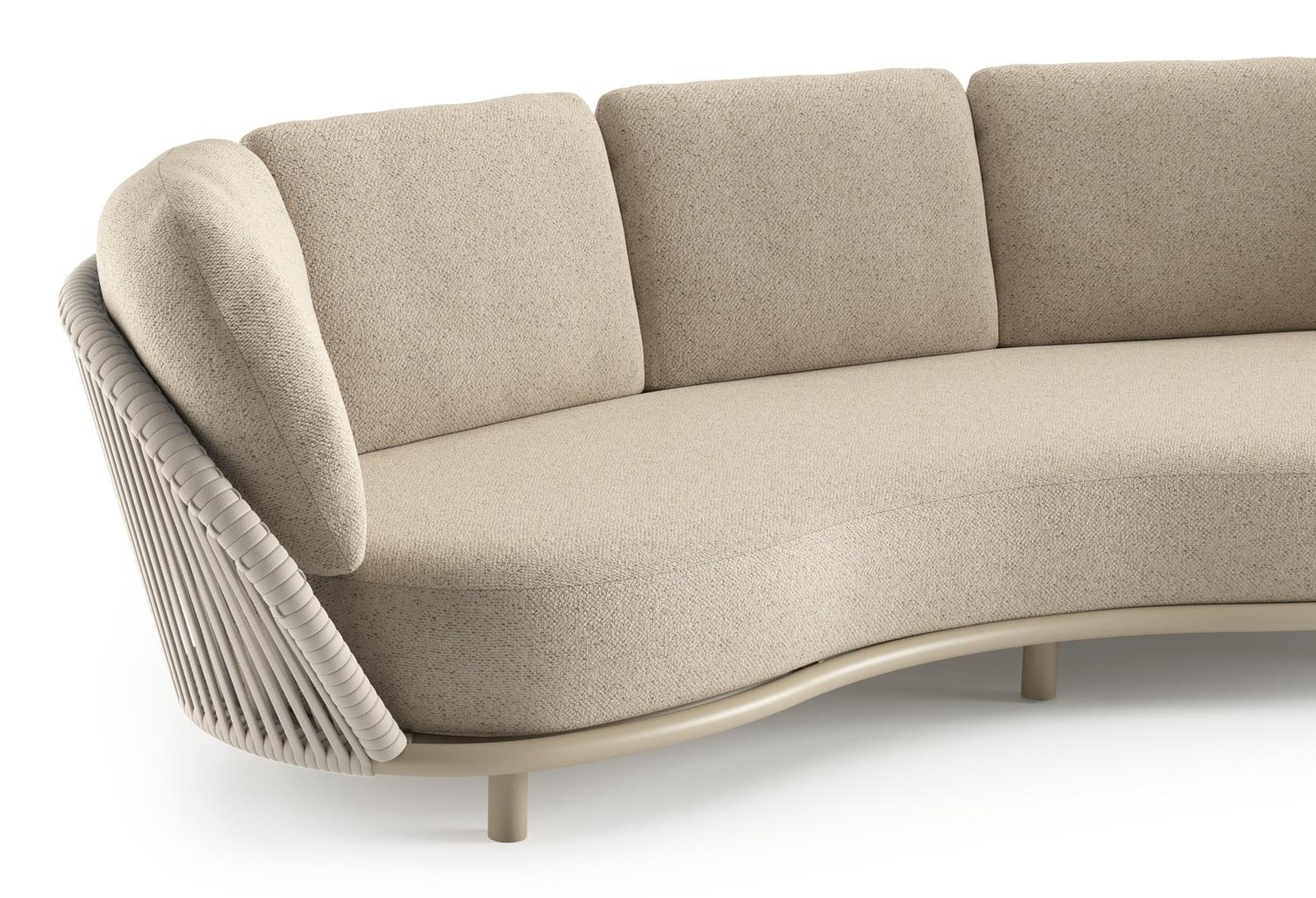 Lupino loungeset in beige aluminium en beige verticaal geweven luxe vlakke brede rope met bora desert all weather cosytica kussen