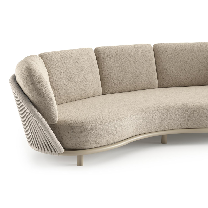 Lupino loungeset in beige aluminium en beige verticaal geweven luxe vlakke brede rope met bora desert all weather cosytica kussen
