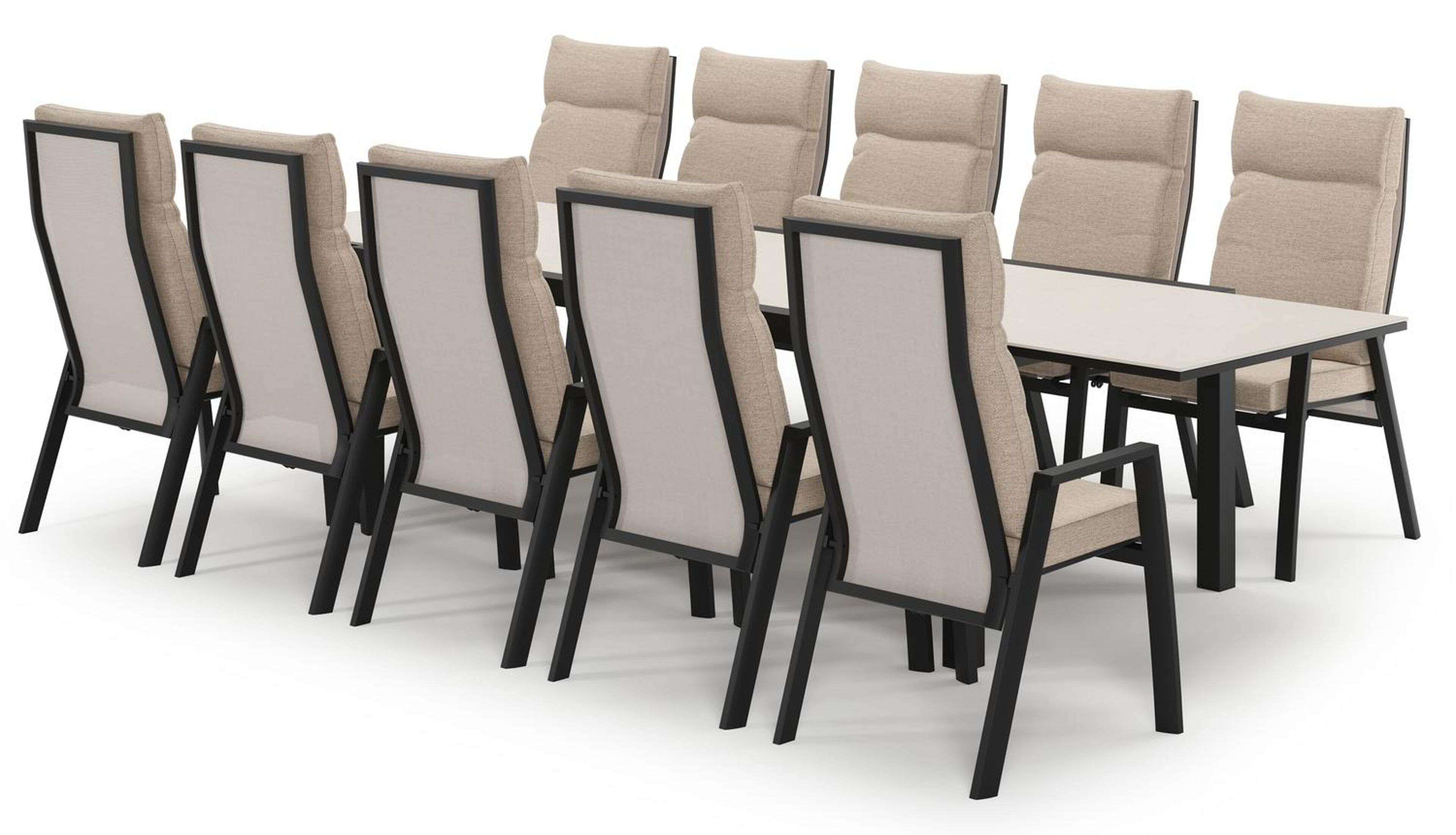 Calobra uitschuifbare tuinset in zwart aluminium en crema minerale sintered stone met 10 Leon tuinstoelen