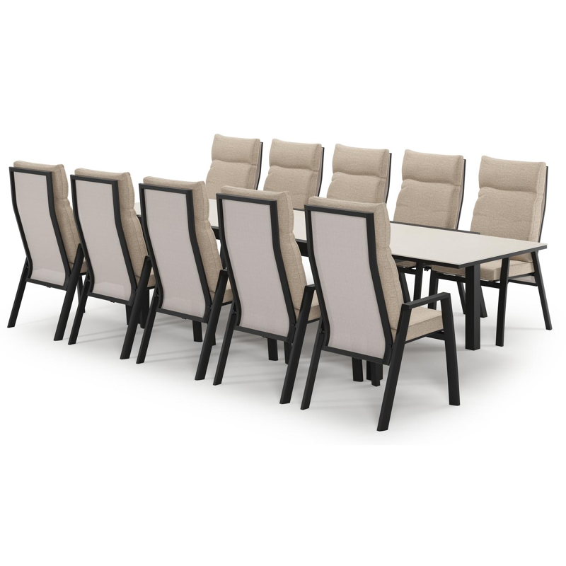 Calobra uitschuifbare tuinset in zwart aluminium en crema minerale sintered stone met 10 Leon tuinstoelen