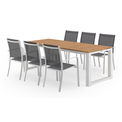 Ensemble de jardin Livo en aluminium blanc avec plateau de table en teck naturel et 6 chaises de jardin empilables Calobra