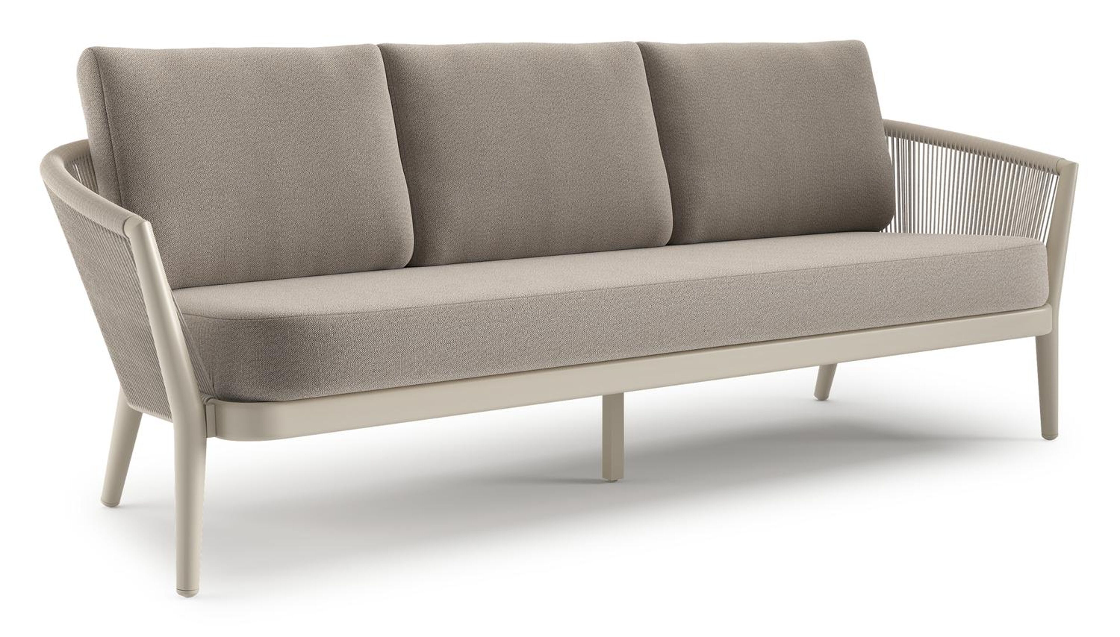 Orso loungebank in beige aluminium en beige verticaal geweven ronde rope met Savane Coconut all weather sunbrella® luxe kussen