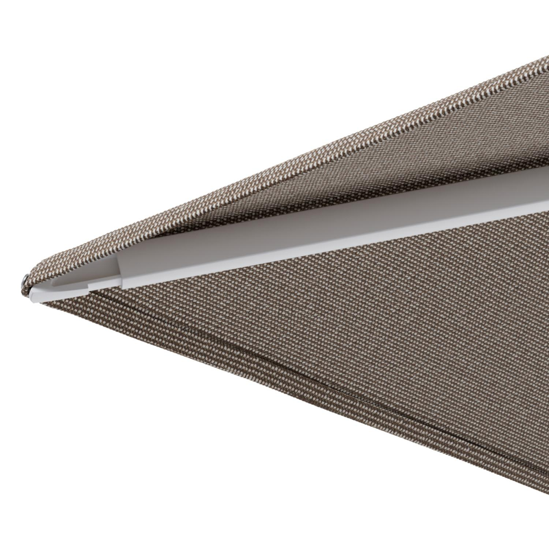 Parasol pendant Minore avec fonction tilt en aluminium blanc et toile de parasol All Weather Solica Firenze Earth - Lg.1: 350 x Lg.2: 350 cm avec pied de parasol Minore 260 kg avec roulettes