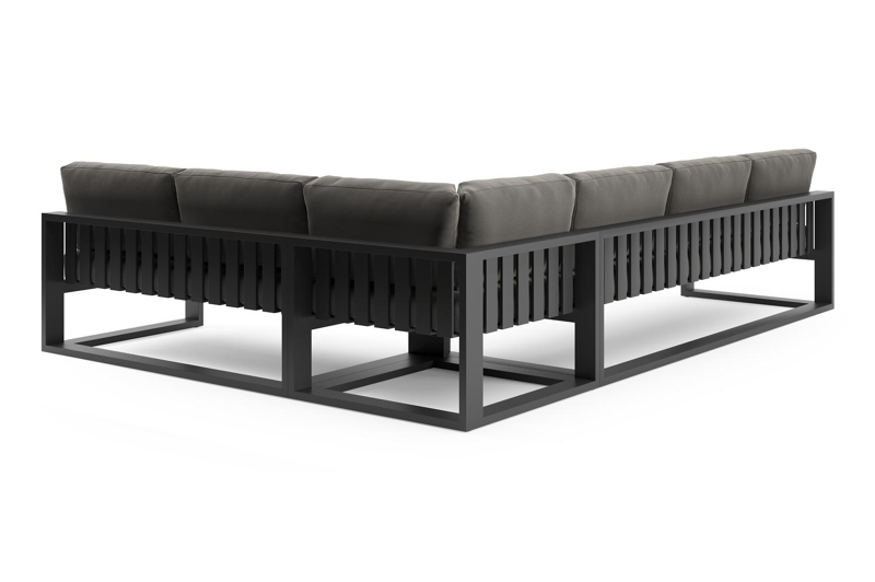 Verato loungehoek in zwart aluminium met natte dark taupe all weather sunbrella® luxe kussen