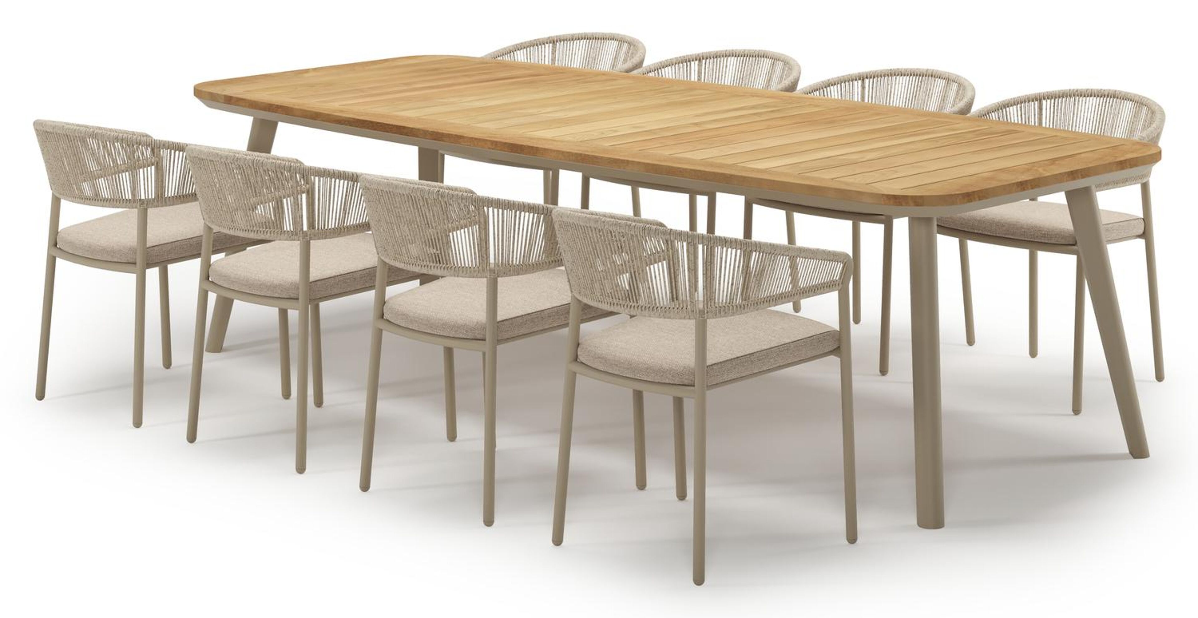 Ensemble de jardin Mosa en aluminium beige et sintered stone natural finish avec 8 chaises de jardin empilable Zamora