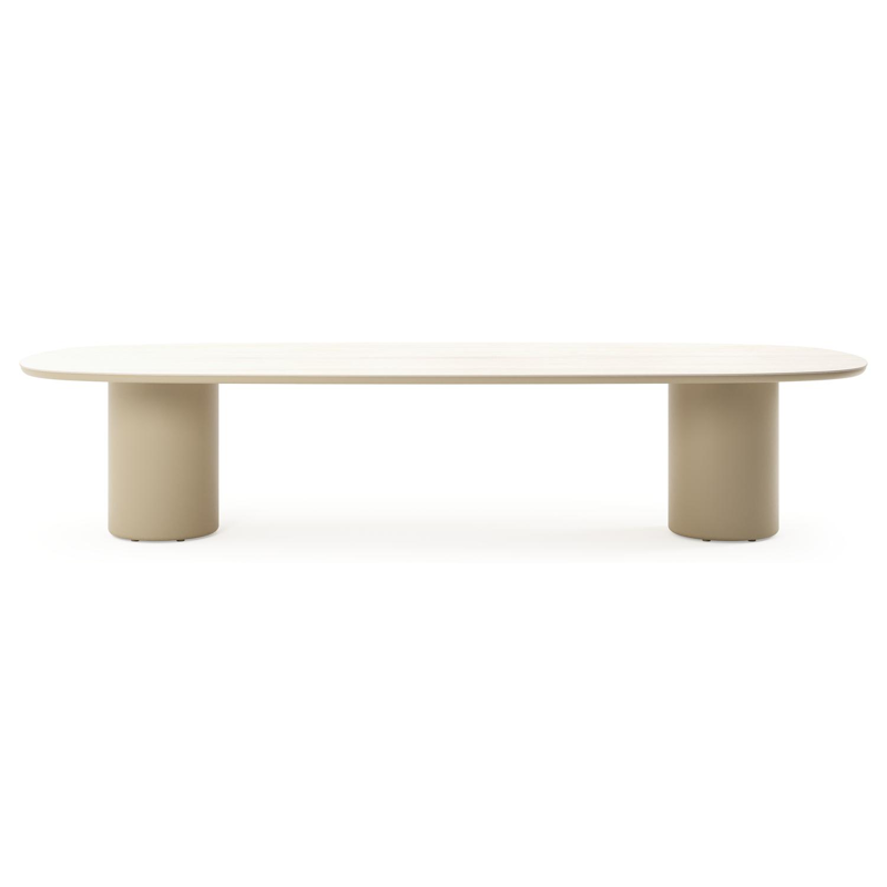 Amico low dining tuintafel bombo in beige aluminium en volkeramiek Travertino Bianco - L 320 x B 130 x H 61 cm