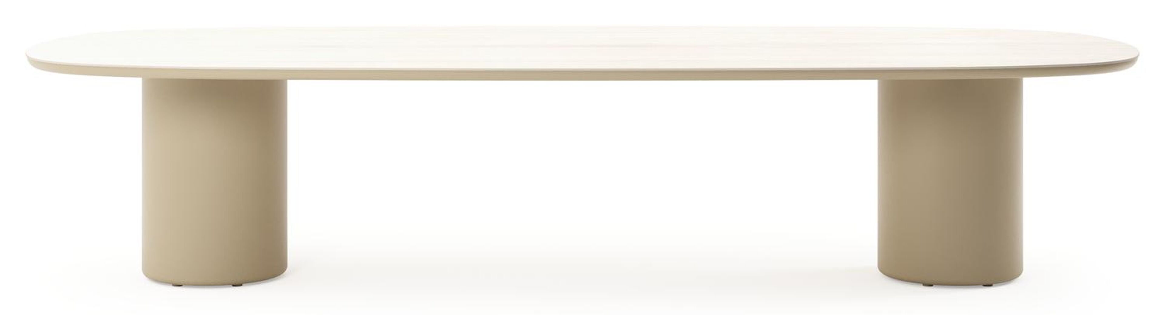 Table de jardin low dining Amico bombo en aluminium beige et céramique pleine Travertino Bianco - Lg. 320 x Lrg. 130 x Haut. 61 cm