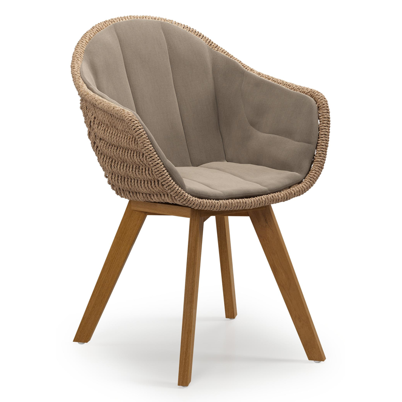 Pagino tuinstoel in teak en naturel ronde wicker met zitkussen in All Weather Sunbrella® Luxe Natte Heather Grey