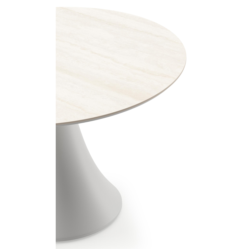 Table de basse low dining Fano ronde en aluminium blanc et céramique pleine Travertino Bianco - Diam. 80 x Haut. 55 cm
