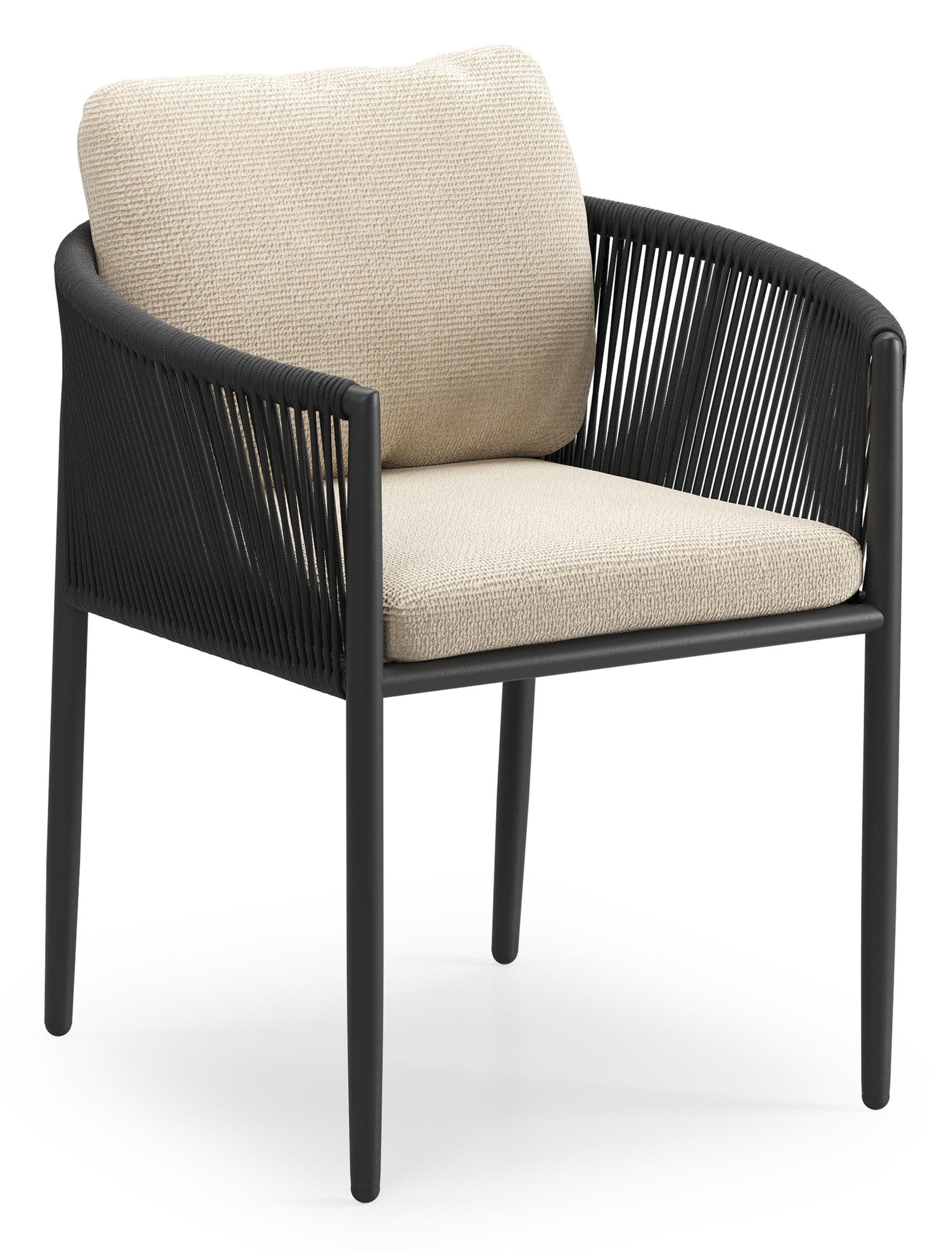 Organo tuinstoel in beige aluminium en beige verticaal geweven ronde rope met stoelkussen in All Weather Cosytica Althea Chalk