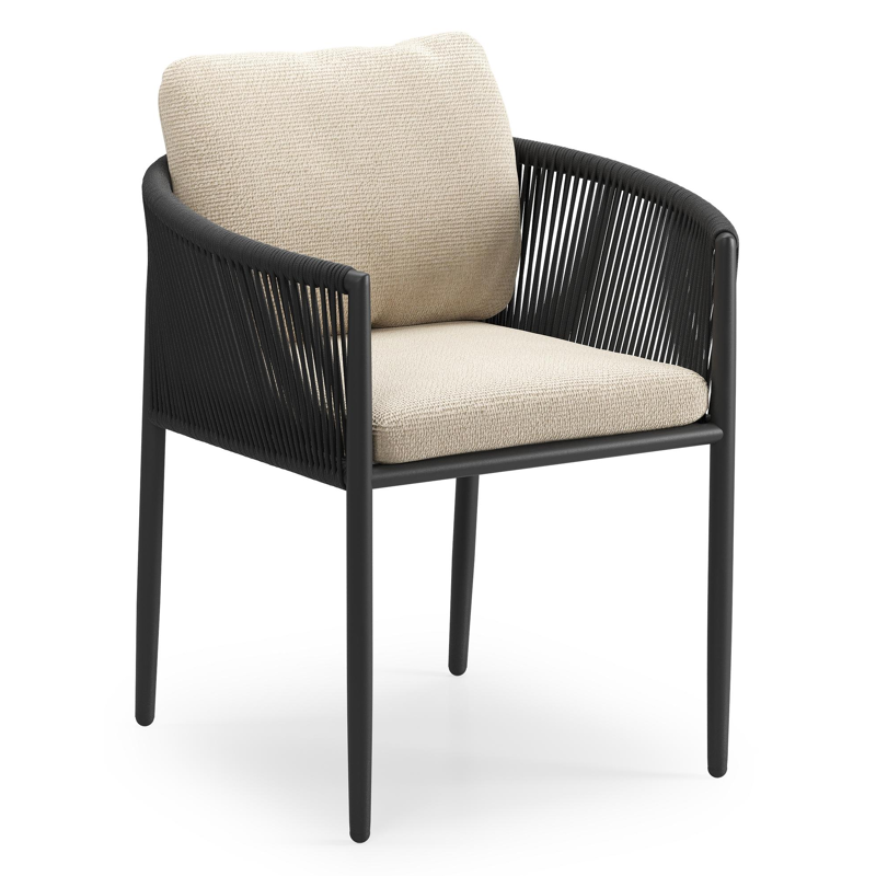 Organo tuinstoel in beige aluminium en beige verticaal geweven ronde rope met stoelkussen in All Weather Cosytica Althea Chalk