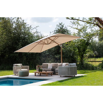 Parasol pendant Rufina avec fonction tilt en aspect de bois avec toile de parasol en all weather sunbrella® premium beige - Lg.1 400 x Lg.2 300 cm (sans pied de parasol)