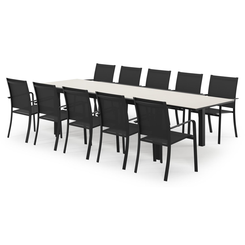 Calobra ensemble de jardin extensible rectangulaire en aluminium noir en sintered stone crema minerale avec 10 chaises de jardin Calobra
