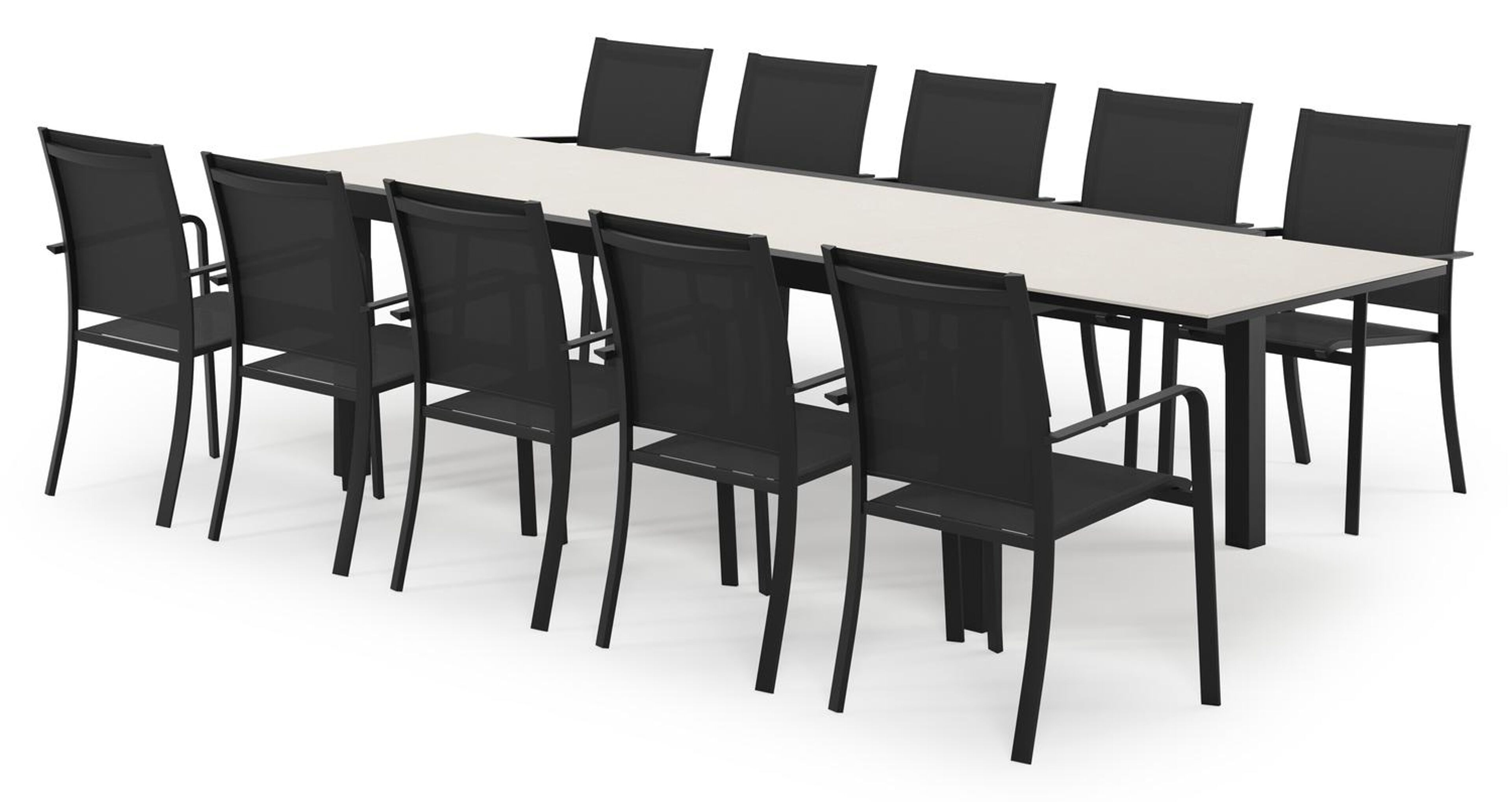 Calobra rechthoekige uitschuifbare tuinset in zwart aluminium en sintered stone crema minerale met 10 Calobra tuinstoelen