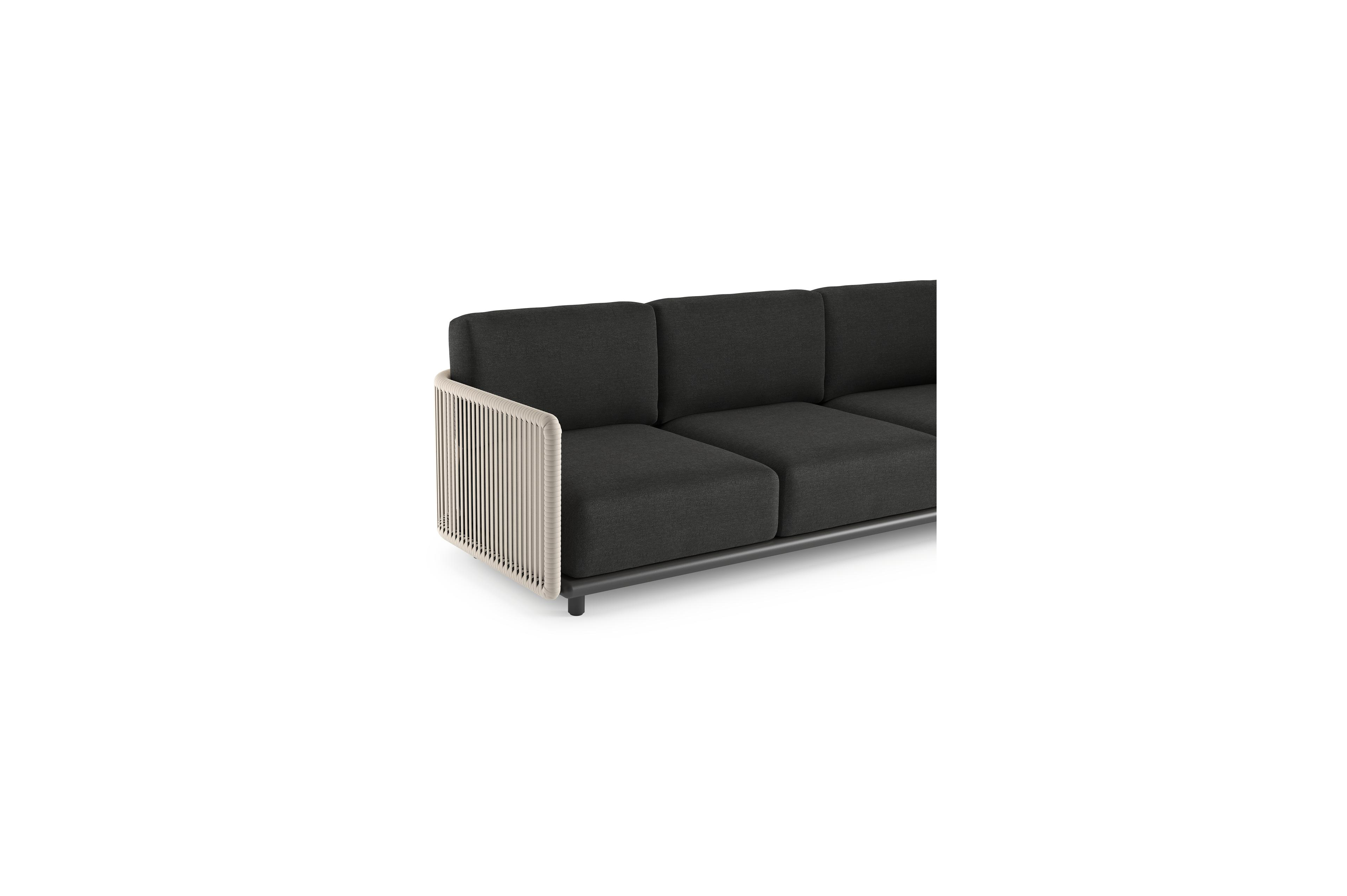 Organo loungehoek in zwart aluminium en beige verticaal geweven luxe vlakke rope met chartres sooty all weather sunbrella® luxe kussens