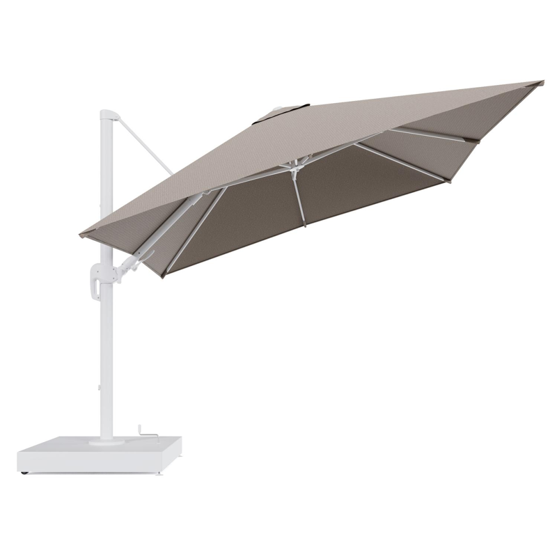 Rufina zweefparasol met tiltfunctie in wit aluminium en Firenze Earth All Weather Solica parasoldoek - L1 300 x L2 300 cm met parasolvoet Minore 260 kg met wielen